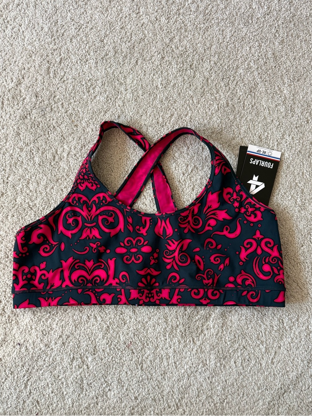 4Laps Pink & Black Cross-Back Sports Bra with All-Over Pattern Size XXL New
